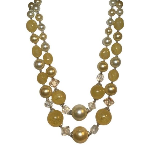 Japan Yellow Crackle Beaded Graduated Faux Pearl 2 Tier Silver Tone Necklace 16” - Picture 7 of 14